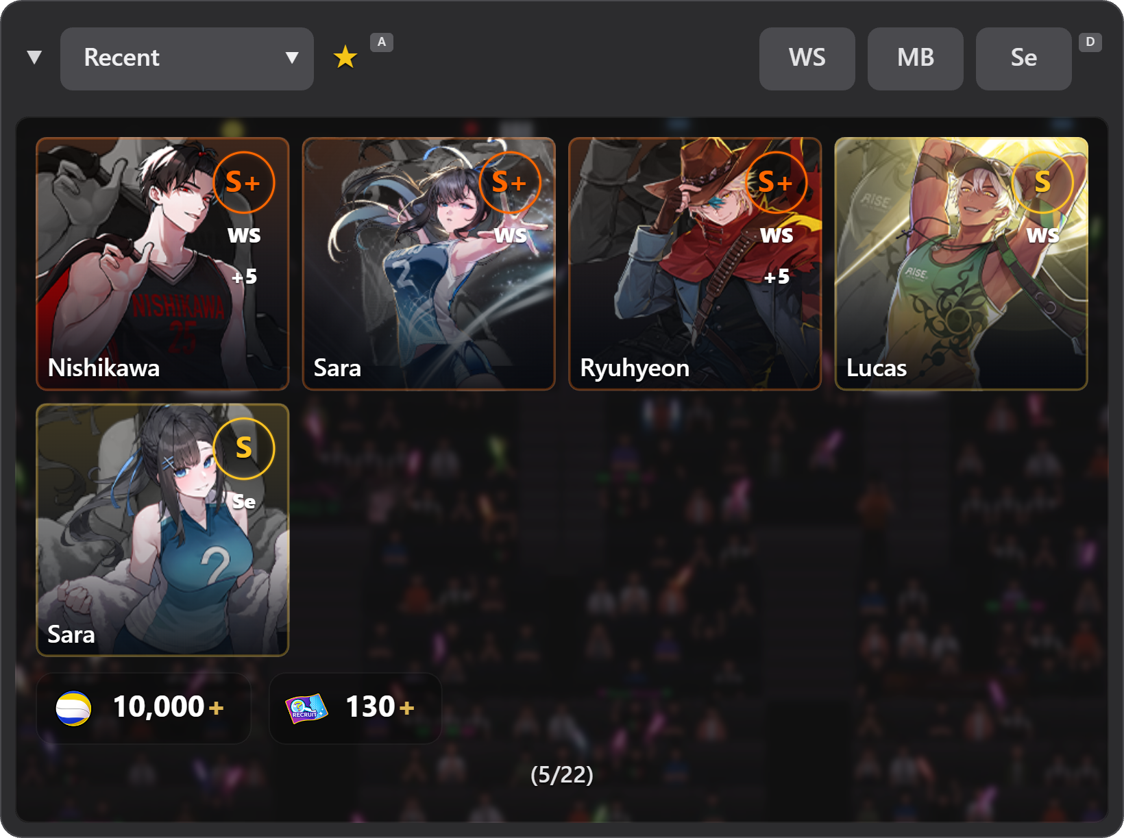 Nishi black (+5) + Sara + Ryu skin(+5) + Lucas skin + Sara Se + 10k ball