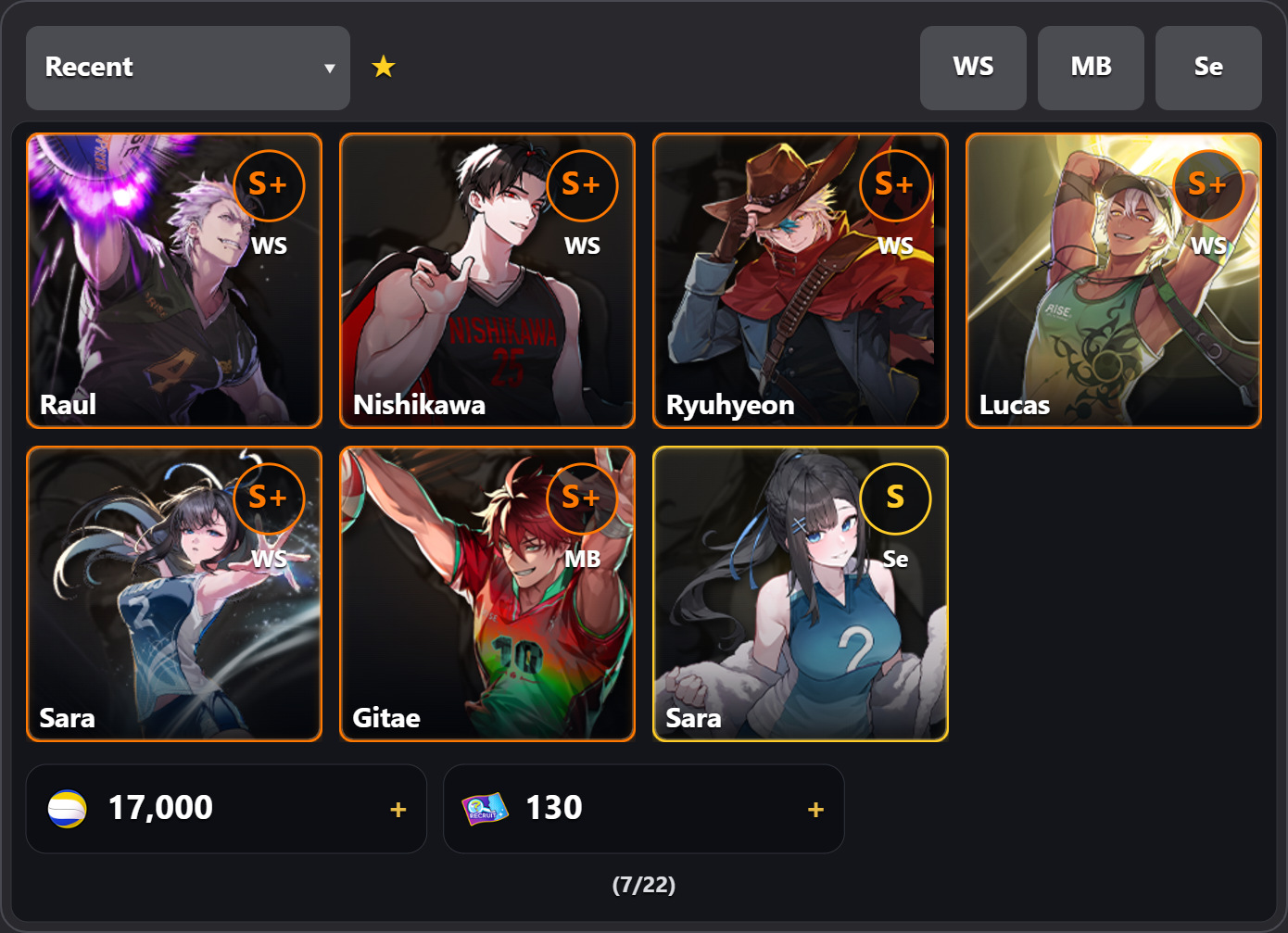 Raul + Nishi Black + Sara(ws,se) + Ryu skin + Lucas skin + Gitae + 17k ball