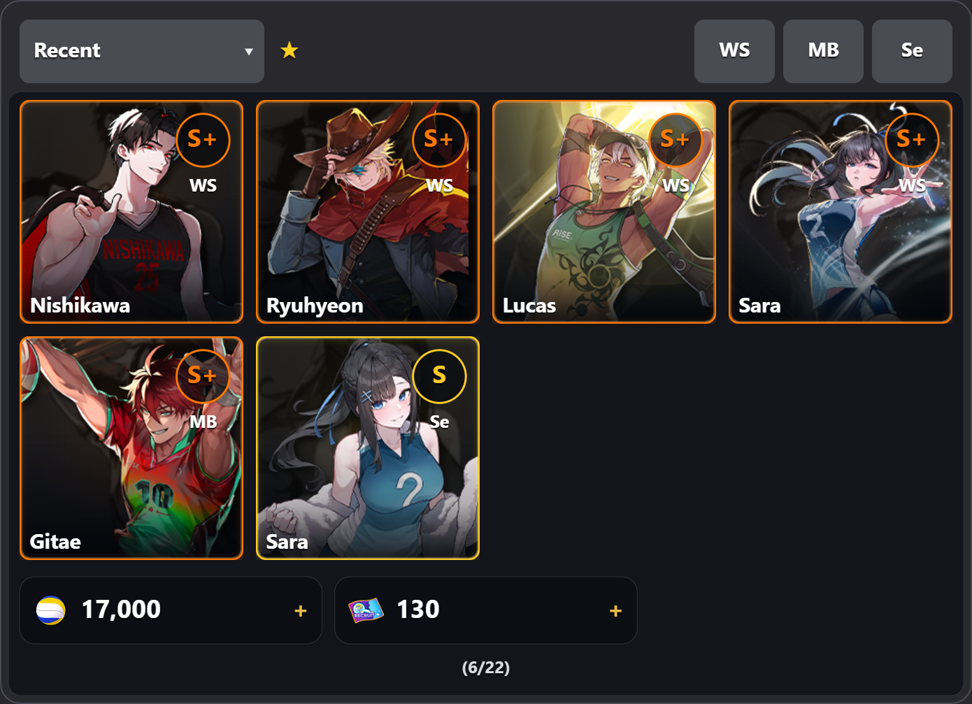 Nishi Black + Sara + Ryu Skin + Lucas skin + Gitae + 17k ball